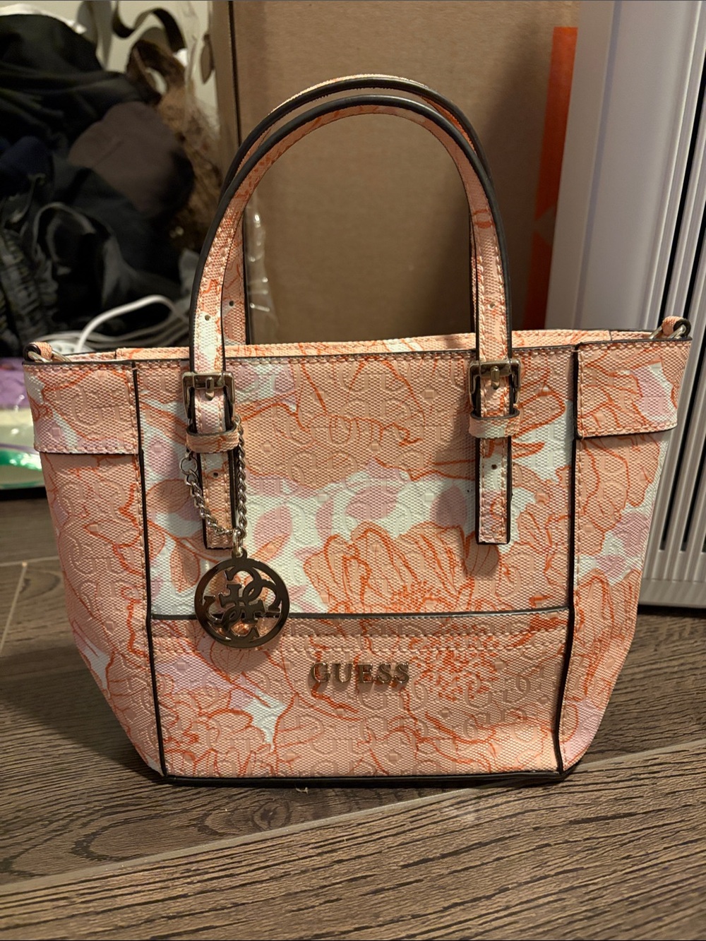 GUESS Pink and Orange Floral Shoulder Tote